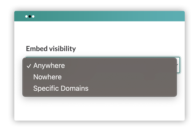 A form input titled "Embed visibility" with three options of anywhere, nowhere, and specific domains